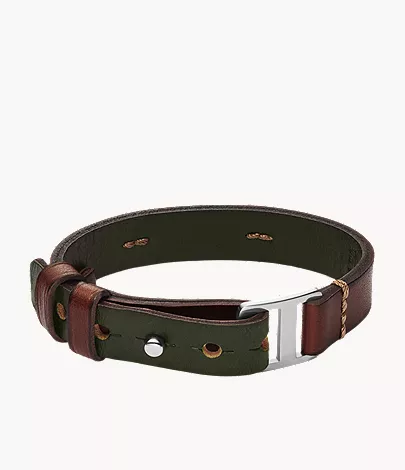 Machine Rugged Green and Brown Leather Strap Bracelet - Image 6