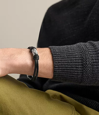 Machine Rondelles Black Leather Multi-Strand Bracelet - Image 2