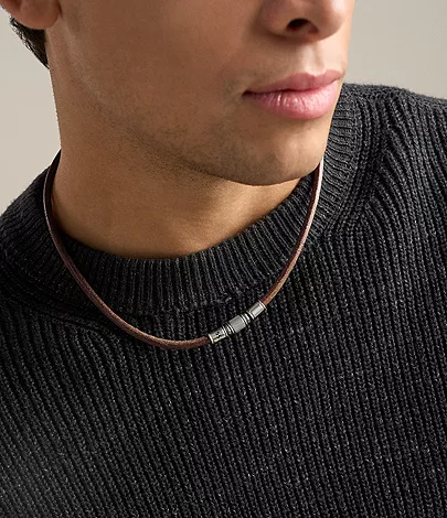 Machine Rondelles Brown Leather Station Necklace - Image 2