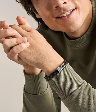Woven Black and Brown Leather Bracelet - Image 2