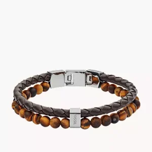 Beaded Tiger-s Eye and Brown Leather Bracelet