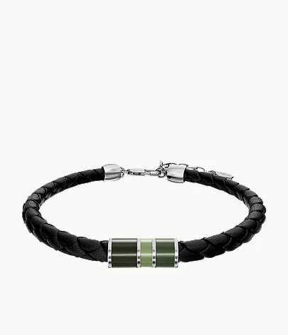Everett Enamel Black Leather Station Bracelet