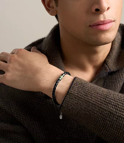 Everett Enamel Black Leather Station Bracelet - Image 2