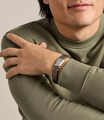 Topstitch Brown Leather ID Bracelet - Image 2