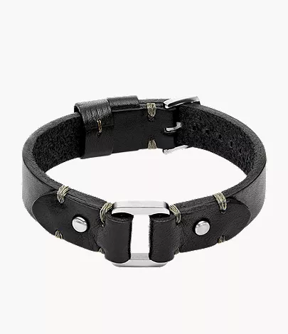 Machine Rugged Stainless Steel and Black Leather Strap Bracelet