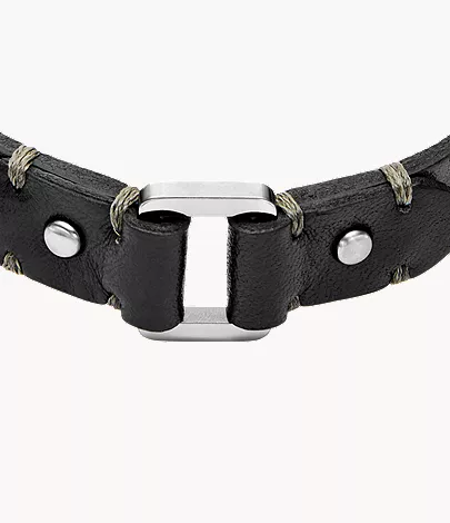 Machine Rugged Stainless Steel and Black Leather Strap Bracelet - Image 3