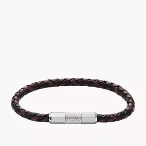 Machine Knurled Texture Leather and Stainless Steel Station Bracelet