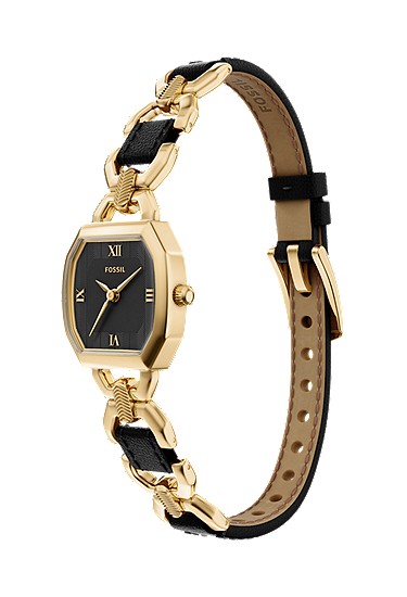 Harlow 22mm Three-Hand Black Leather and Gold-Tone Stainless Steel Watch - Image 7