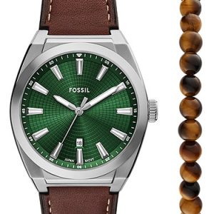 Everett 42mm Three-Hand Date Brown Leather Watch and Bracelet Set