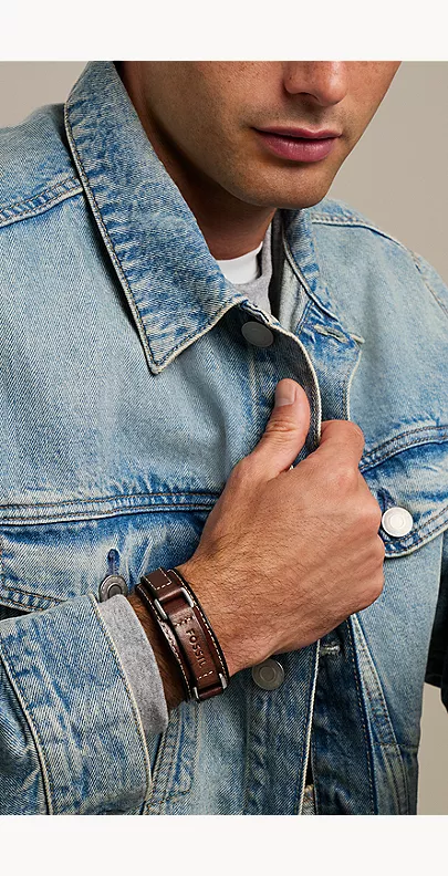Machine Rugged Stainless Steel and Brown Padded Leather Strap Bracelet - Image 7