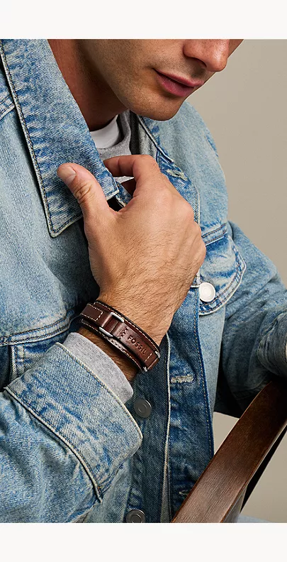 Machine Rugged Stainless Steel and Brown Padded Leather Strap Bracelet - Image 8