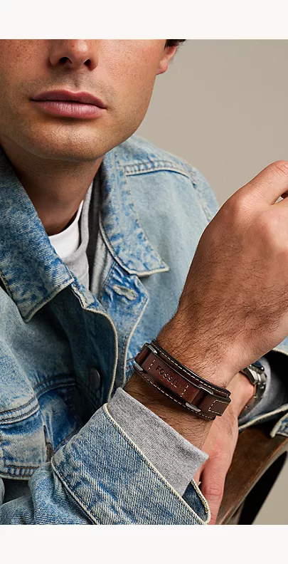 Machine Rugged Stainless Steel and Brown Padded Leather Strap Bracelet - Image 9