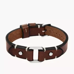 Machine Rugged Stainless Steel and Brown Leather Strap Bracelet