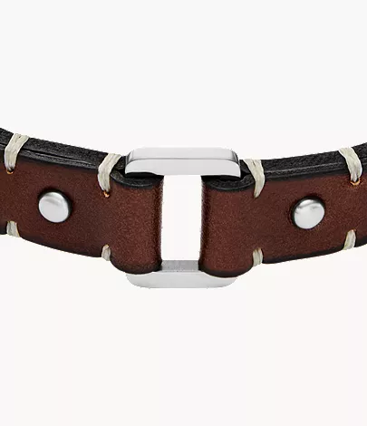 Machine Rugged Stainless Steel and Brown Leather Strap Bracelet - Image 3