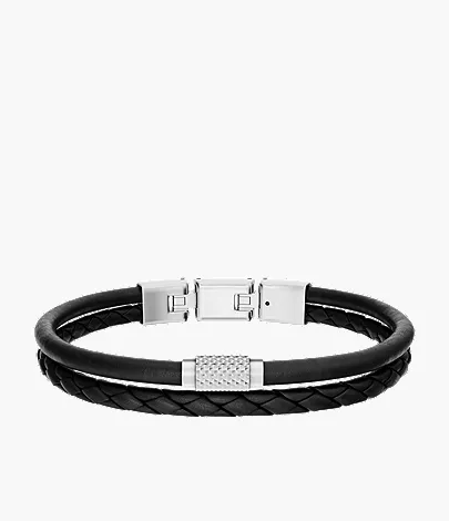 Machine Knurled Texture Black Leather Multi-Strand Bracelet