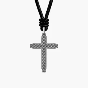 Machine Black Leather Cross Pendant Necklace